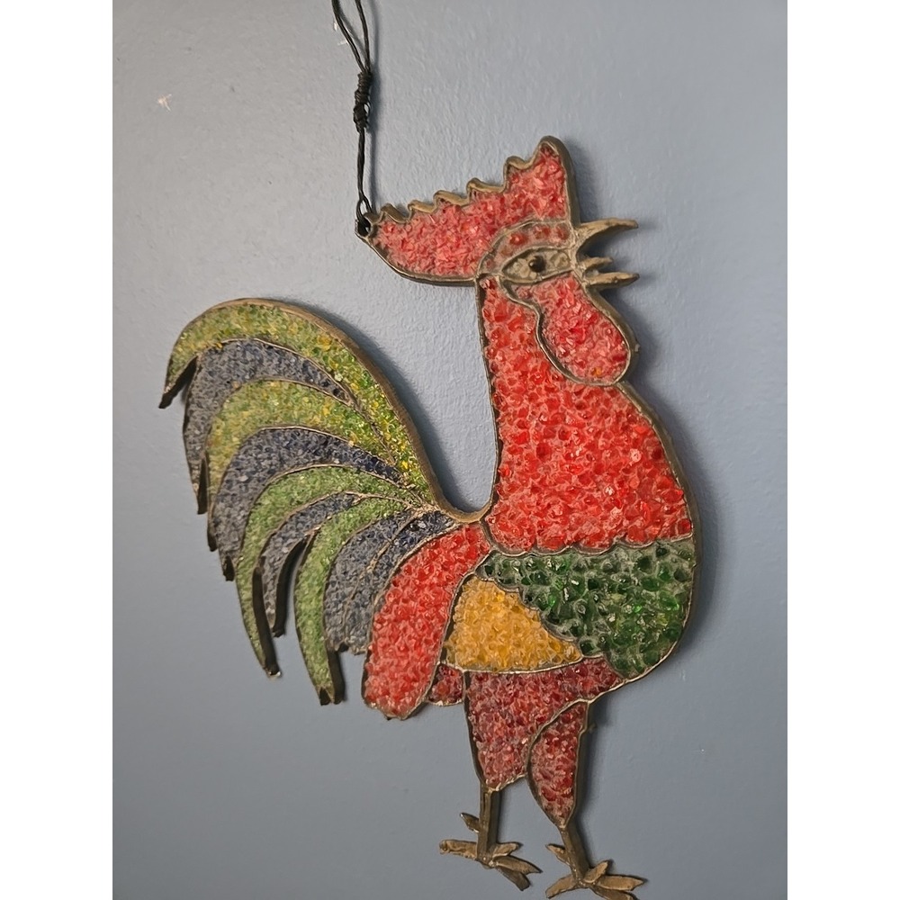 Rooster Stained Glass Window Panel Sun Catcher Chiken Hanging Decor Farmhouse